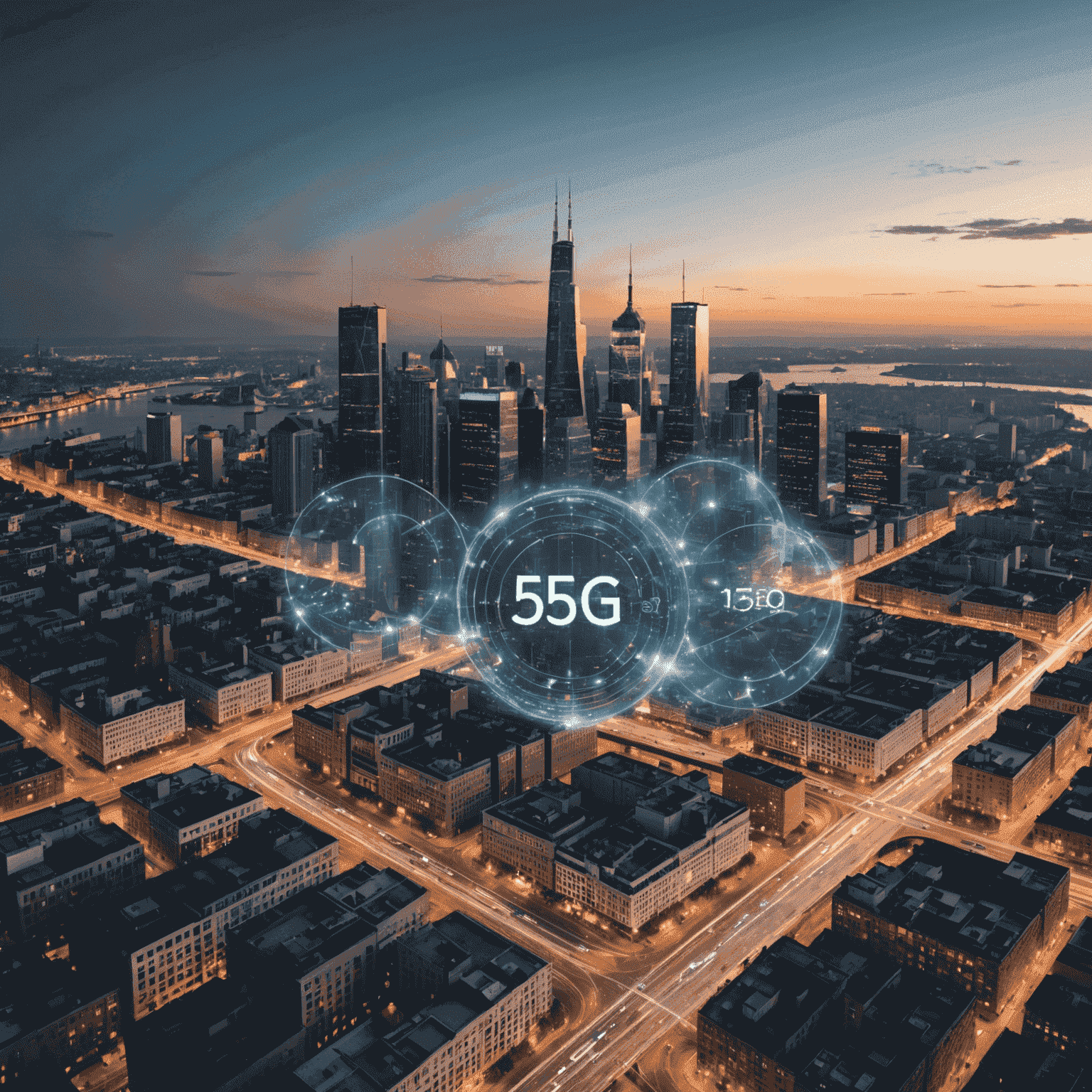 Cinematic view of a city skyline with 5G network visualization overlay, showing the extensive coverage of our high-speed mobile network