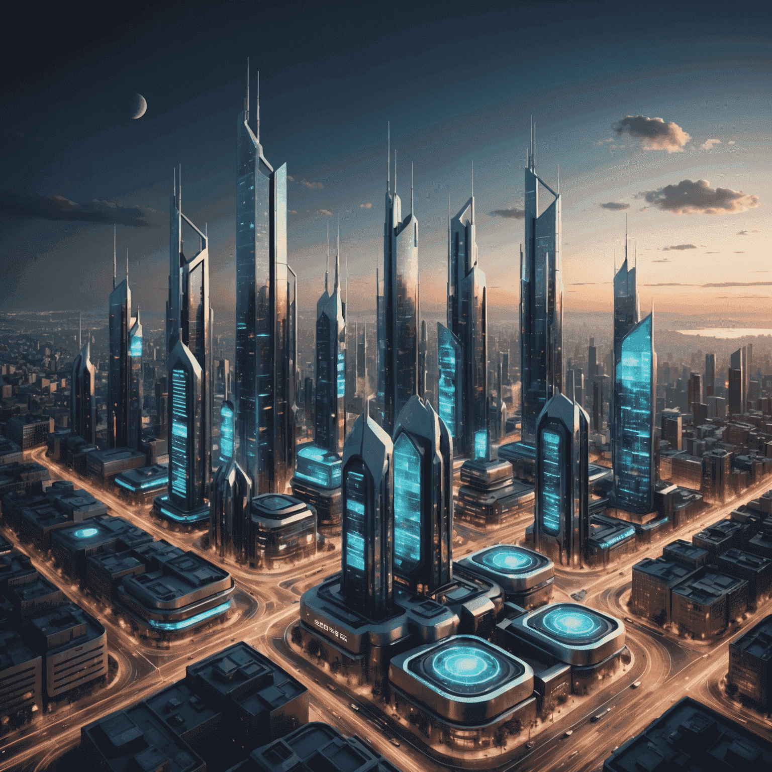 A futuristic cityscape with 5G towers emitting signals, showcasing the advanced mobile network infrastructure