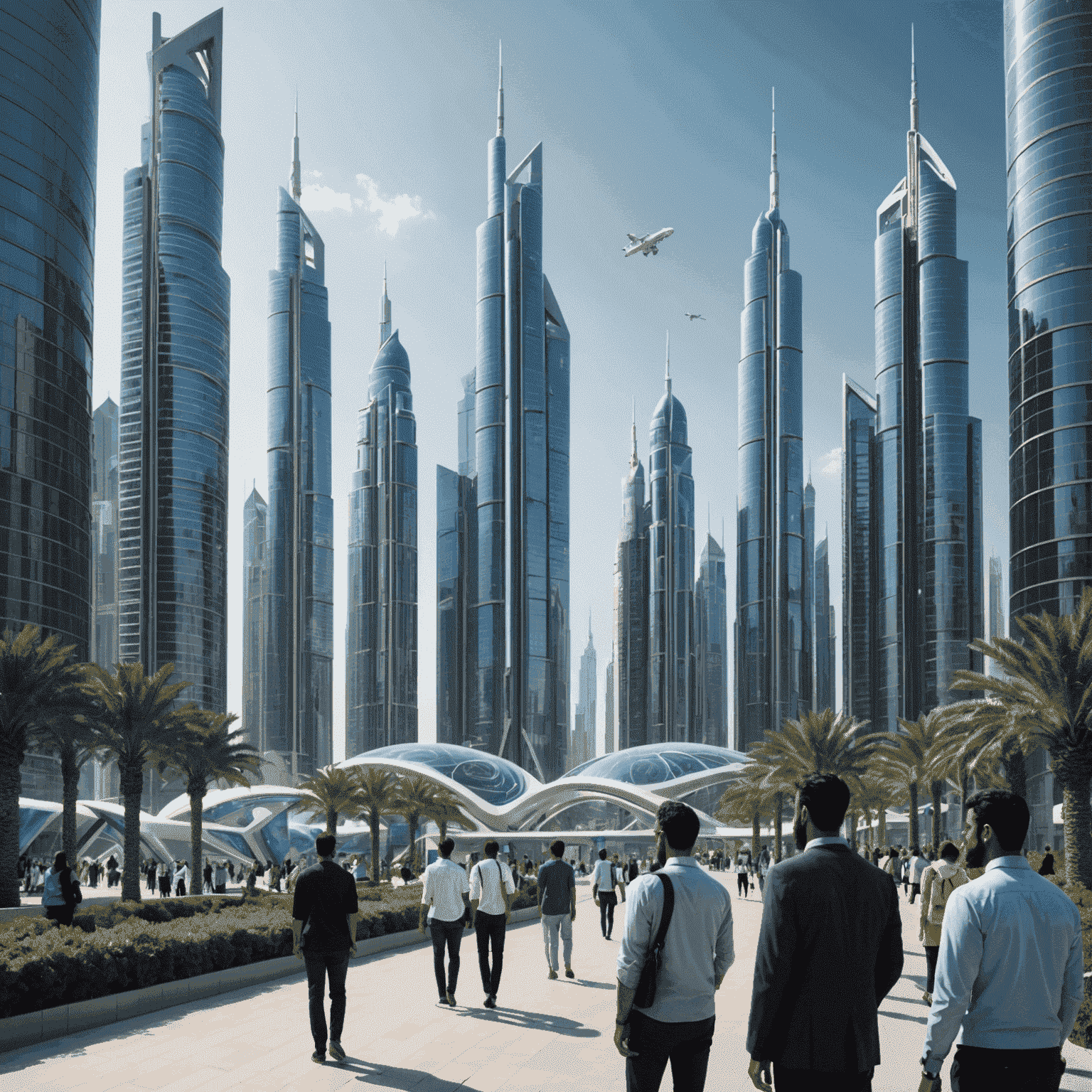 A futuristic cityscape with 5G towers and people using smartphones, showcasing the advanced connectivity of 5G networks in the UAE