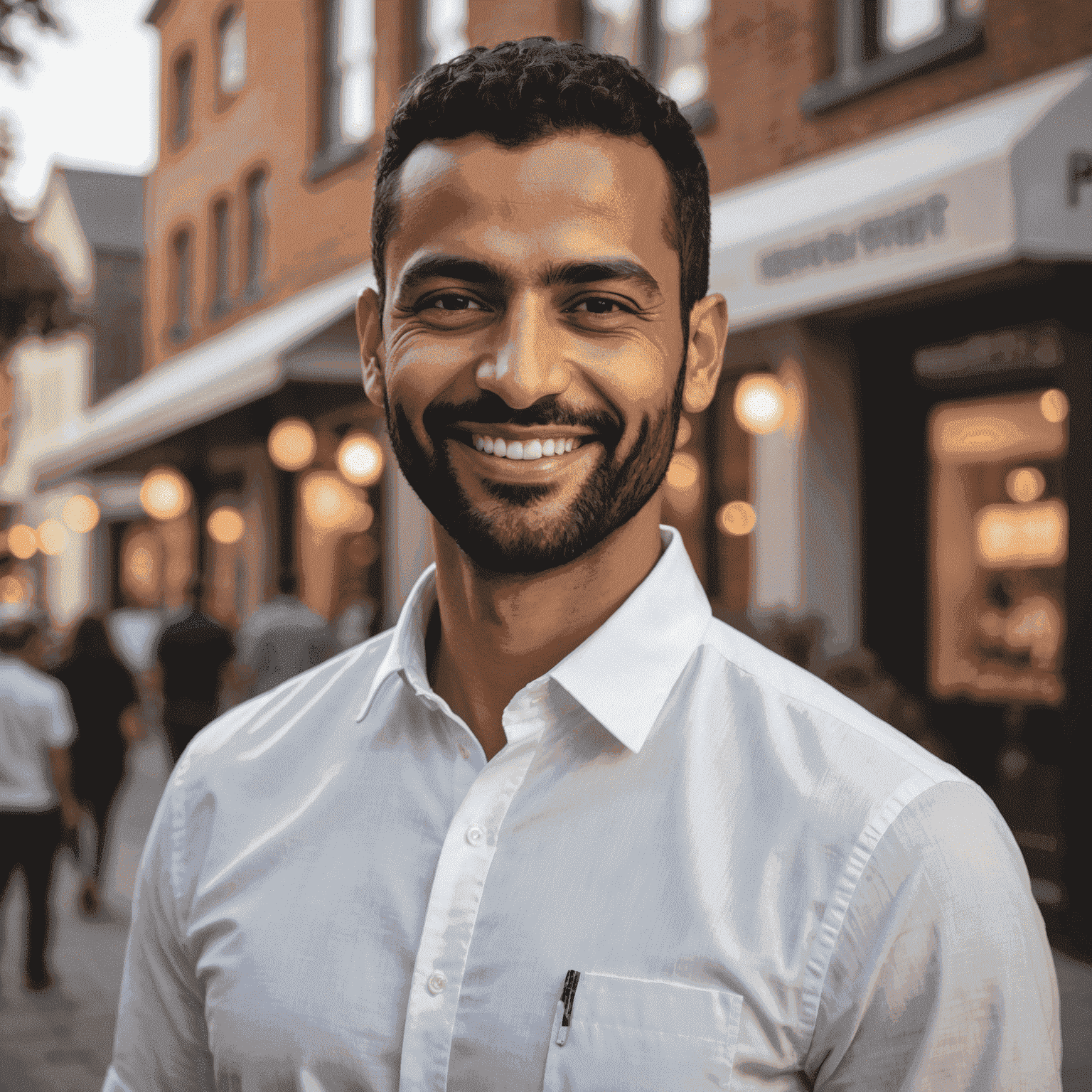 Portrait of Ahmed, our Customer Experience Manager, a man in his 30s with a warm smile, wearing a crisp white shirt