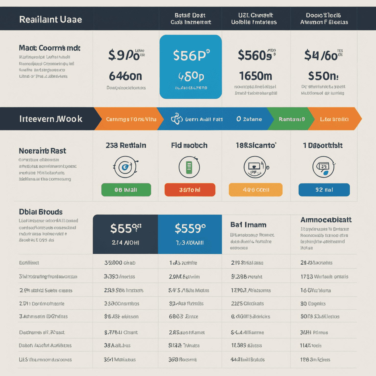 A comparison chart showing different UAE mobile internet packages, with icons representing speed, data allowance, and price