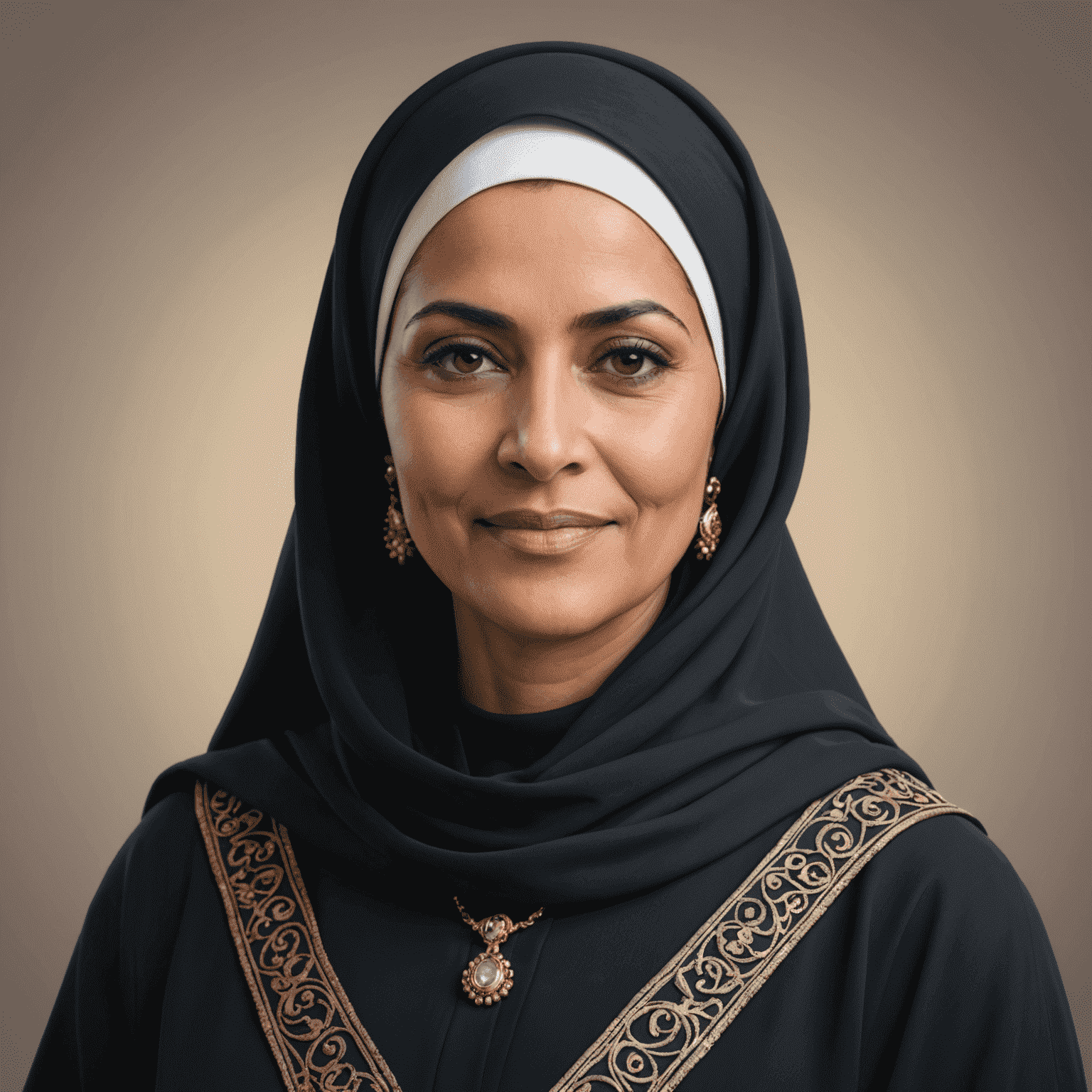 Portrait of Fatima, our Network Operations Director, a woman in her 50s with a confident pose, wearing a traditional abaya with modern touches